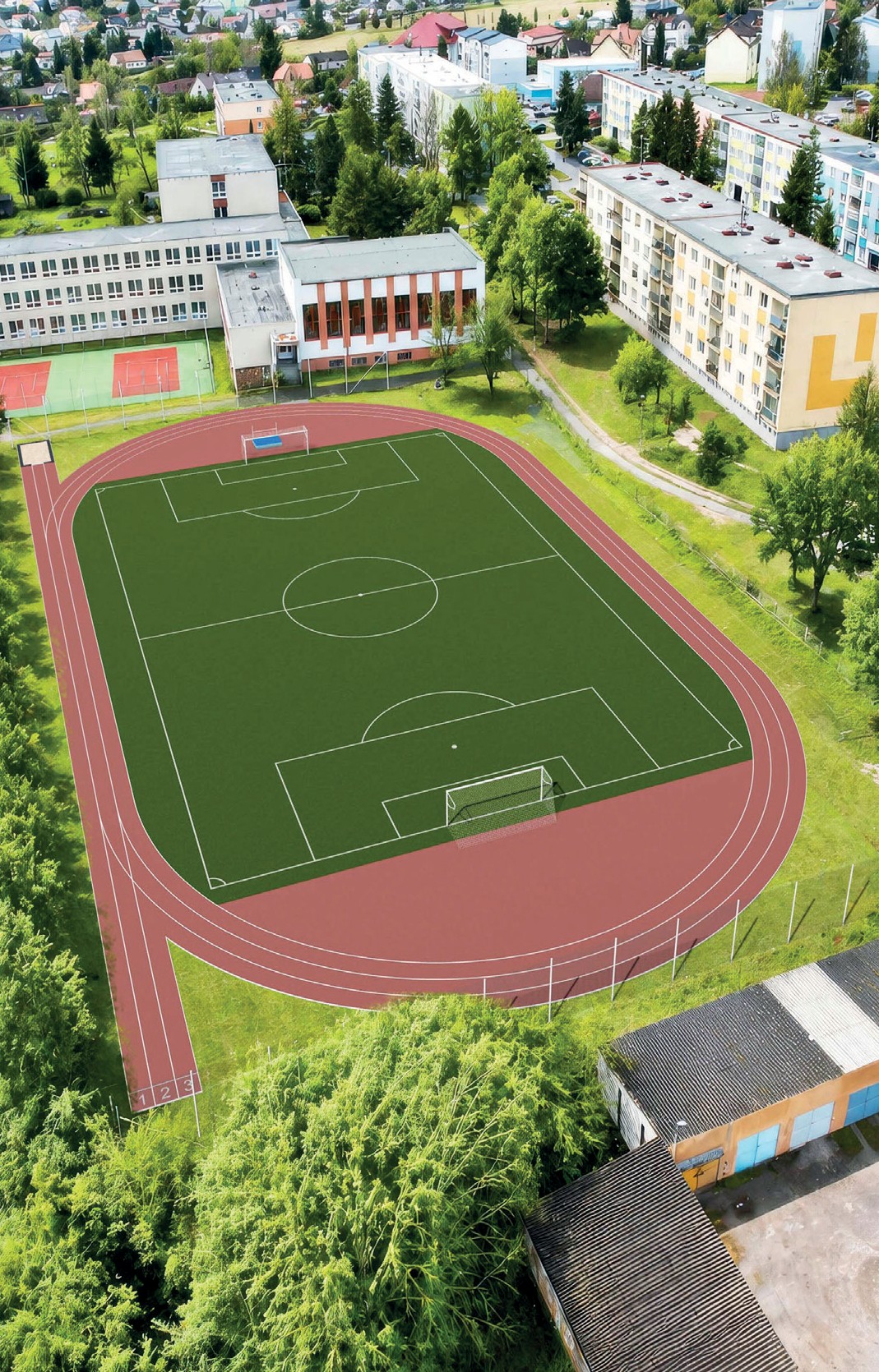 Vizualizace základní školy a nového sportovního hřiště